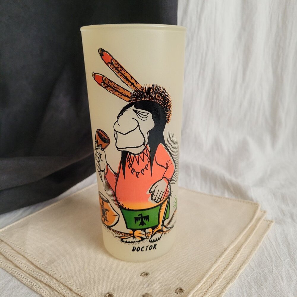 Vintage 50s Indian "Doctor" Frosted Glass Tumbler Bill T Lores Texaco Giftware